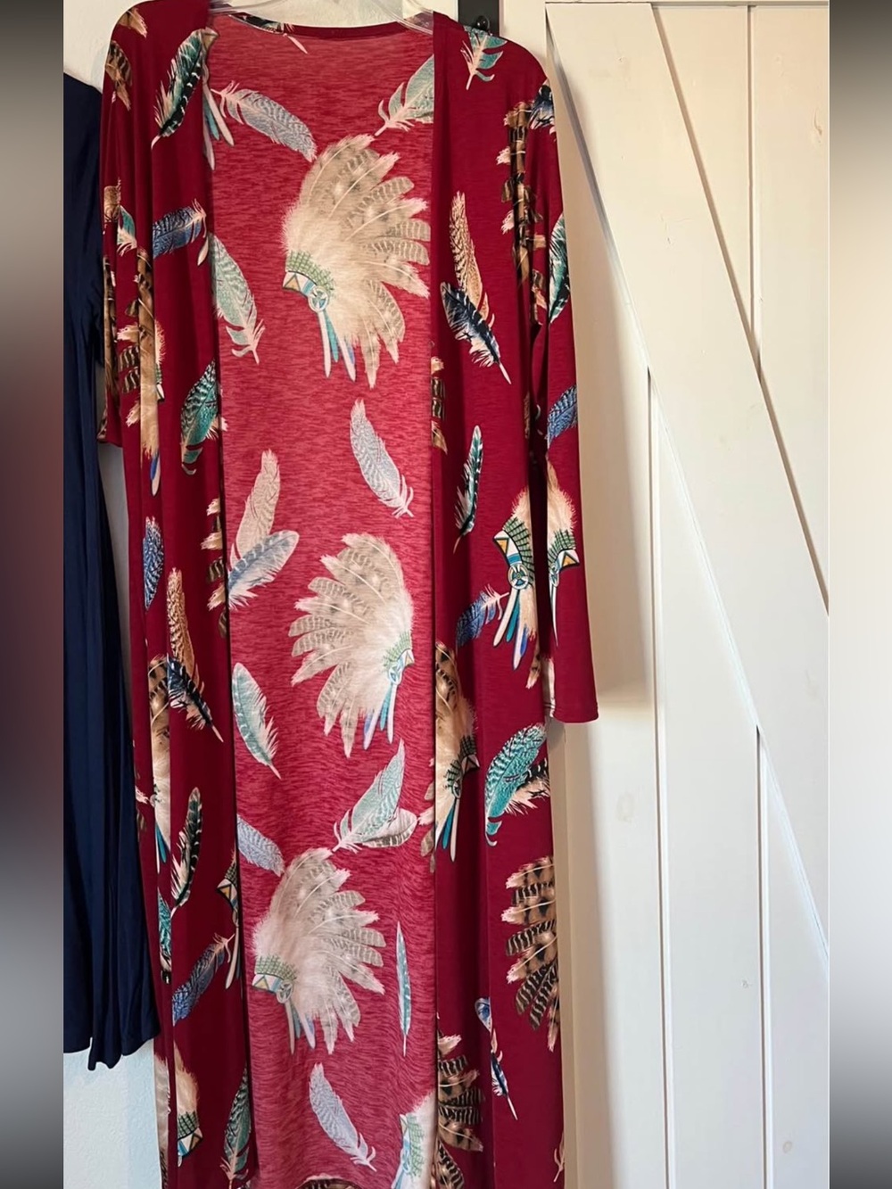 Burgundy Feather Print Duster Cardigan